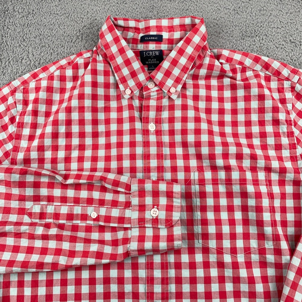 J Crew Shirt Mens Large Red Gingham Check Flex Washed Classic Fit Long Sleeve